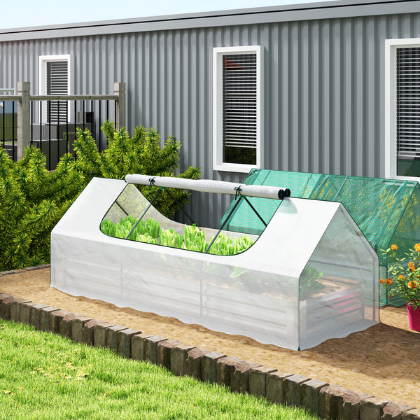 Outsunny 8.6 x 3 x 1ft Raised Garden Bed with Mini Greenhouse, Galvanized Raised Garden Bed with Cover for Herbs and Vegetables, Small Greenhouse for Patio Garden Balcony, White and Silver