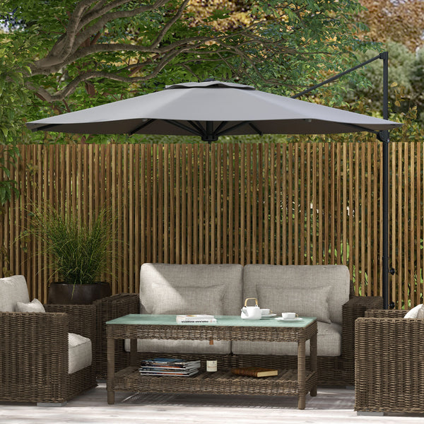10 FT Cantilever Patio Umbrella, Round Hanging Offset Umbrella with 360°Rotation, Crank, Tilt, Cross Base, 8 Ribs, Air Vent, Outdoor Umbrella for Garden, Backyard, Grey
