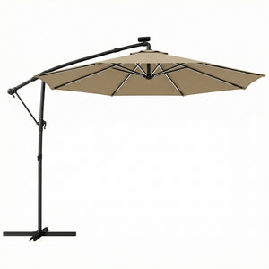 3 m Garden Cantilever Parasol with LED Solar Light, Round Overhanging Umbrella with 6-Position 360° Rotation, Crank Handle, Tilt, Cover, Banana Patio Umbrella for Outdoor Sun Shade, Khaki