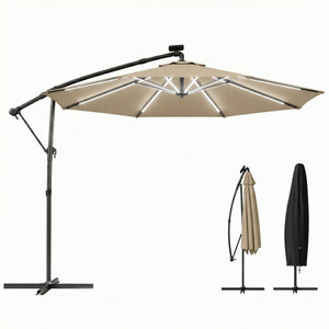 3 m Garden Cantilever Parasol with LED Solar Light, Round Overhanging Umbrella with 6-Position 360° Rotation, Crank Handle, Tilt, Cover, Banana Patio Umbrella for Outdoor Sun Shade, Khaki