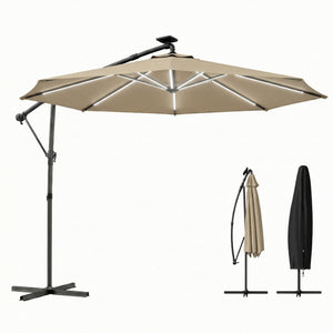 3 m Garden Cantilever Parasol with LED Solar Light, Round Overhanging Umbrella with 6-Position 360° Rotation, Crank Handle, Tilt, Cover, Banana Patio Umbrella for Outdoor Sun Shade, Khaki
