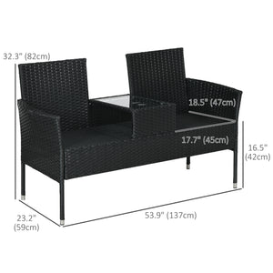 2-Seat Patio Furniture with Tea Table, Outdoor PE Rattan Wicker Loveseat with Padded Cushions and Tempered Glass Top for Garden, Porch, Poolside, Black