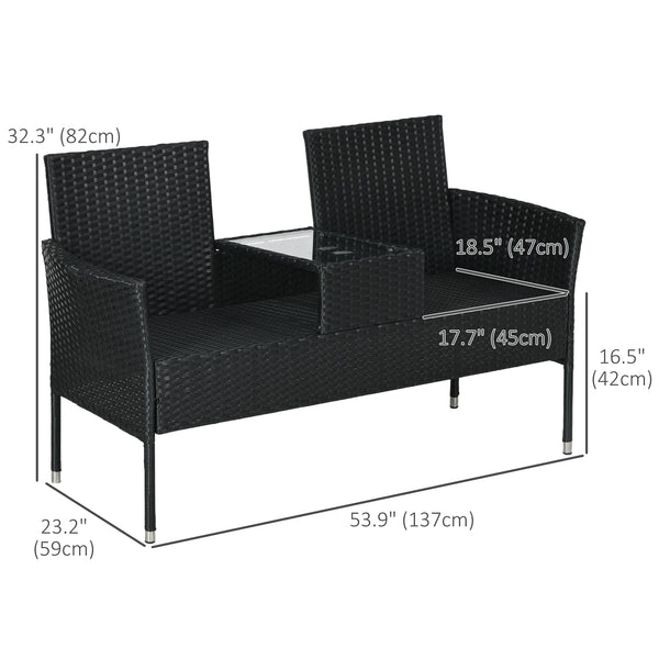 2-Seat Patio Furniture with Tea Table, Outdoor PE Rattan Wicker Loveseat with Padded Cushions and Tempered Glass Top for Garden, Porch, Poolside, Black