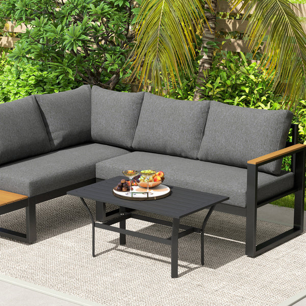 Outdoor Coffee Table, All-Weather Rectangle Metal Patio Coffee Table with Slatted Tabletop for Outside, Patio, Garden, Balcony, Backyard, Black