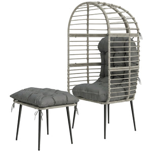 Standing Garden Egg Chair with Footstool, PE Rattan Outdoor Lounge Chair and Ottoman Set with Thick Cushions, Indoor Outdoor Egg Basket Seating for Patio Balcony Porch, Light Grey