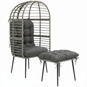 Standing Garden Egg Chair with Footstool, PE Rattan Outdoor Lounge Chair and Ottoman Set with Thick Cushions, Indoor Outdoor Egg Basket Seating for Patio Balcony Porch, Light Grey
