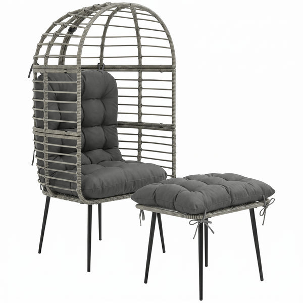Standing Garden Egg Chair with Footstool, PE Rattan Outdoor Lounge Chair and Ottoman Set with Thick Cushions, Indoor Outdoor Egg Basket Seating for Patio Balcony Porch, Light Grey
