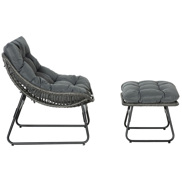Rattan Chair with Stool, Outdoor Balcony Chair with Cushion, Adjustable Foot Pads for Patio, Garden, Backyard, Grey
