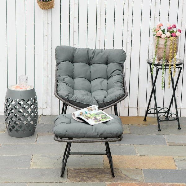 Rattan Chair with Stool, Outdoor Balcony Chair with Cushion, Adjustable Foot Pads for Patio, Garden, Backyard, Grey