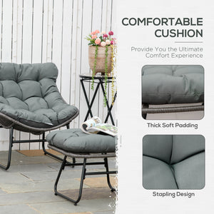 Rattan Chair with Stool, Outdoor Balcony Chair with Cushion, Adjustable Foot Pads for Patio, Garden, Backyard, Grey