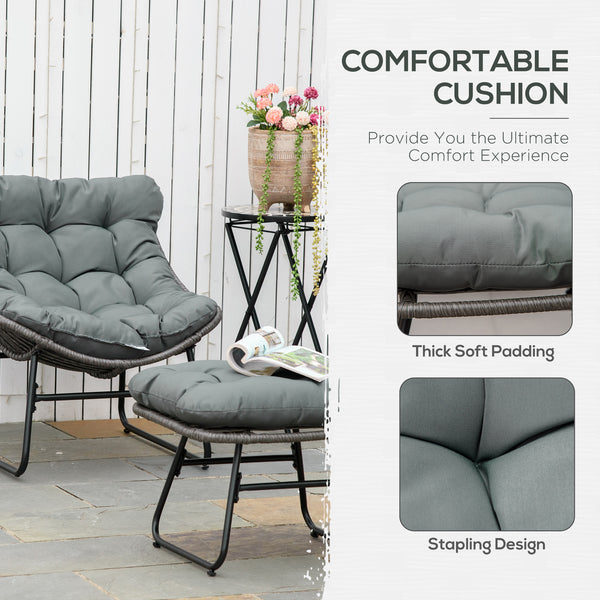Rattan Chair with Stool, Outdoor Balcony Chair with Cushion, Adjustable Foot Pads for Patio, Garden, Backyard, Grey
