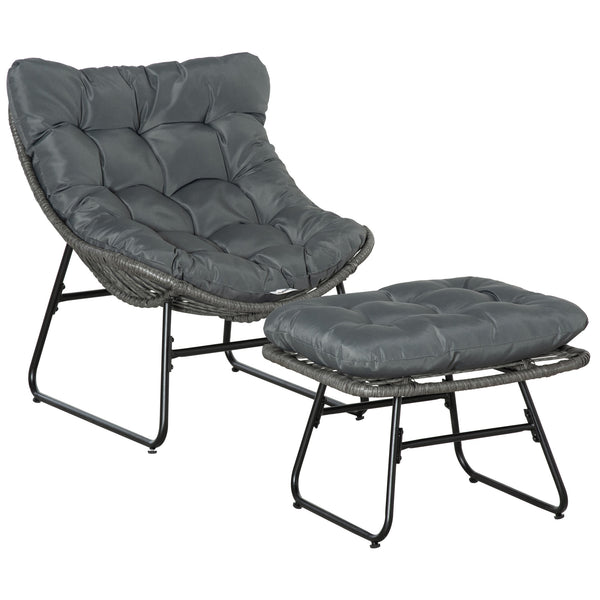 Rattan Chair with Stool, Outdoor Balcony Chair with Cushion, Adjustable Foot Pads for Patio, Garden, Backyard, Grey