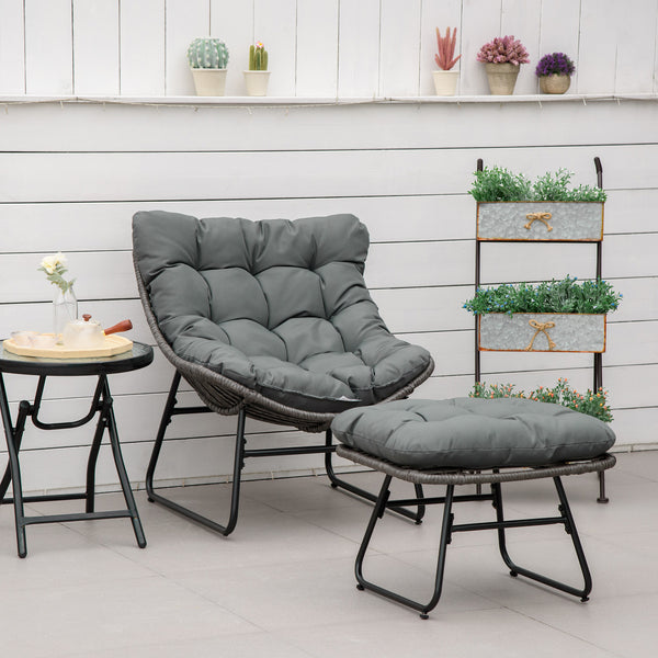 Rattan Chair with Stool, Outdoor Balcony Chair with Cushion, Adjustable Foot Pads for Patio, Garden, Backyard, Grey