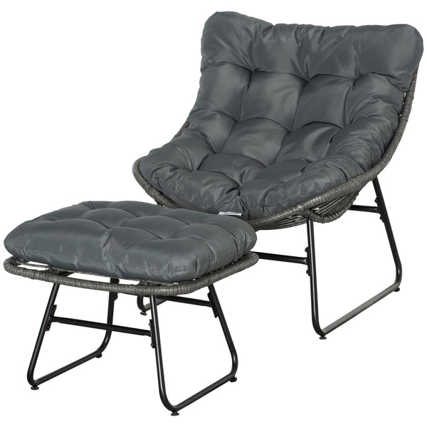 Rattan Chair with Stool, Outdoor Balcony Chair with Cushion, Adjustable Foot Pads for Patio, Garden, Backyard, Grey