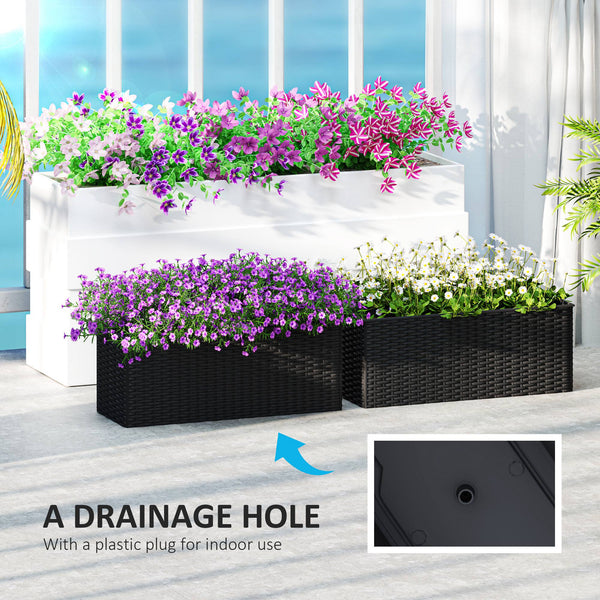 2 Pack Railing Planter Box, 20 Inch Hanging Flower Pots with Hooks and Drainage Hole, Rectangular Planters for Fence, Balcony, Garden, Patio, Rattan Look, Black