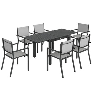 7 Pieces Outdoor Dining Set, Aluminum Patio Table and Chairs Set for 6 with Extendable Slatted Tabletop and Stackable Chairs, All-Weather Patio Dining Table and Chairs