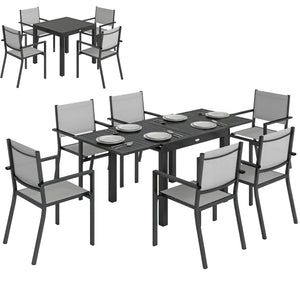 7 Pieces Outdoor Dining Set, Aluminum Patio Table and Chairs Set for 6 with Extendable Slatted Tabletop and Stackable Chairs, All-Weather Patio Dining Table and Chairs