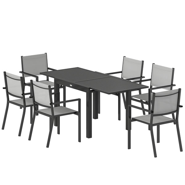 7 Pieces Outdoor Dining Set, Aluminum Patio Table and Chairs Set for 6 with Extendable Slatted Tabletop and Stackable Chairs, All-Weather Patio Dining Table and Chairs