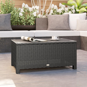 Rattan Coffee Table, Patio Side Table, Hand-woven Wicker Furniture with Tempered Glass Top Outdoor Garden Patio, Dark Grey