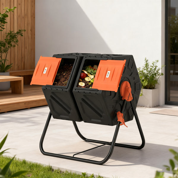 34.5 Gallon Dual Chamber Compost Bin, Rotating Composter, Compost Tumbler with 24 Ventilation Openings and Steel Legs, Orange