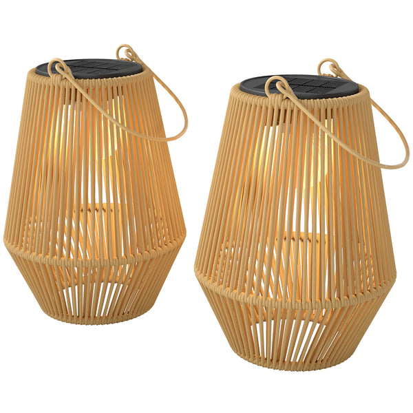 Hanging Solar Lights Outdoor Garden Lanterns, 2 Pack Rattan Solar Lights with Auto On/Off, Decorative Rattan Table Lamp with Handle, IP44 for Patio, Pathway, Terrace, Tree, Brown