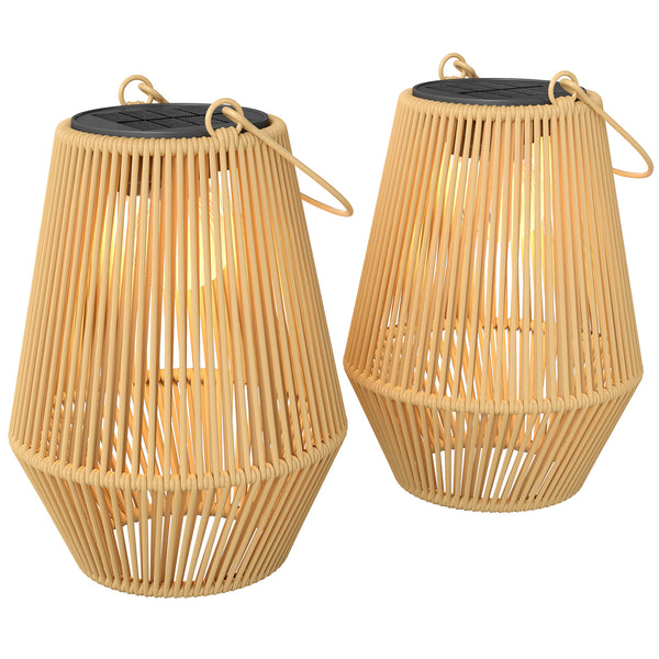 Hanging Solar Lights Outdoor Garden Lanterns, 2 Pack Rattan Solar Lights with Auto On/Off, Decorative Rattan Table Lamp with Handle, IP44 for Patio, Pathway, Terrace, Tree, Brown