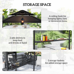 8' x 5' Grill Gazebo, 2-Tier Outdoor BBQ Gazebo with 2 Side Shelves, Storage Baskets and Ceiling Hook for Patio Deck Yard, Dark Gray