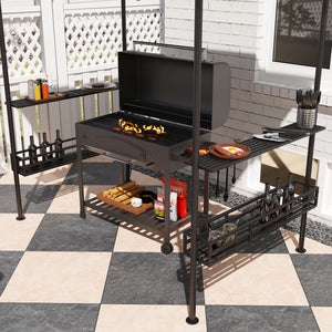 8' x 5' Grill Gazebo, 2-Tier Outdoor BBQ Gazebo with 2 Side Shelves, Storage Baskets and Ceiling Hook for Patio Deck Yard, Dark Gray