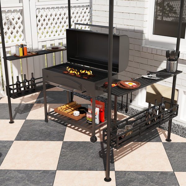 8' x 5' Grill Gazebo, 2-Tier Outdoor BBQ Gazebo with 2 Side Shelves, Storage Baskets and Ceiling Hook for Patio Deck Yard, Dark Gray