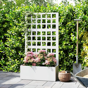 Galvanized Raised Garden Bed with Trellis, Metal Planter Box with Drainage Holes, Outdoor Privacy Screen for Climbing Plants, Vegetable, Vines, 24" x 9" x 44.5", White