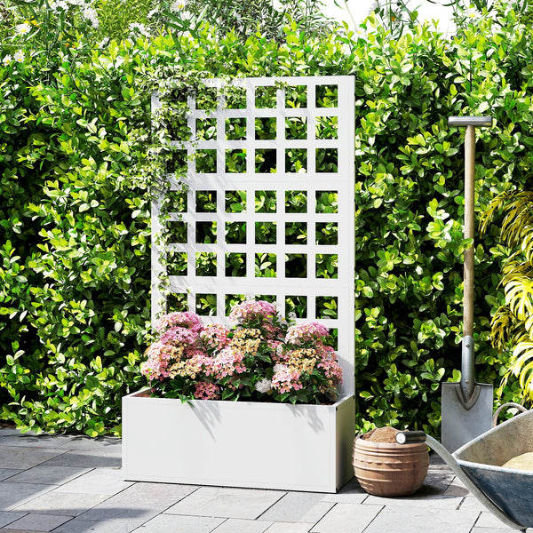 Galvanized Raised Garden Bed with Trellis, Metal Planter Box with Drainage Holes, Outdoor Privacy Screen for Climbing Plants, Vegetable, Vines, 24" x 9" x 44.5", White