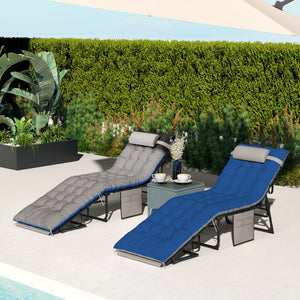 Folding Outdoor Lounge Chair Set of 2, 5-Position Reclining Patio Chaise Lounge Chairs, Tanning Chair with Cushion, Headrest, Side Pocket for Beach, Poolside, Brown/Blue