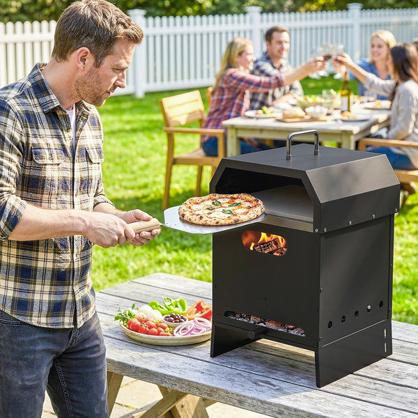 3 in 1 Outdoor Pizza Oven, Portable Wood Fired Pizza Maker with Handles, Stone and Peel, Charcoal BBQ Grill for Garden, Party, Camping, Picnic