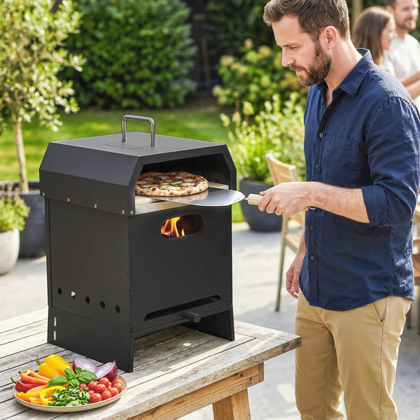 3 in 1 Outdoor Pizza Oven, Portable Wood Fired Pizza Maker with Handles, Stone and Peel, Charcoal BBQ Grill for Garden, Party, Camping, Picnic
