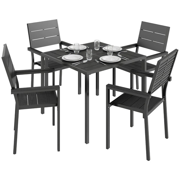 5 Pieces Garden Dining Set, Garden Table and Chairs Set for 4 with Square HDPE Table and Chairs with Armrests, Outdoor Furniture for Patio Porch Terrace, Black