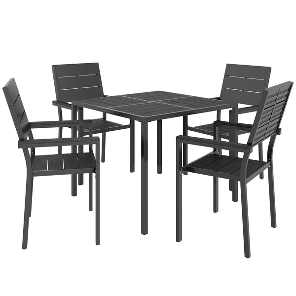 5 Pieces Garden Dining Set, Garden Table and Chairs Set for 4 with Square HDPE Table and Chairs with Armrests, Outdoor Furniture for Patio Porch Terrace, Black