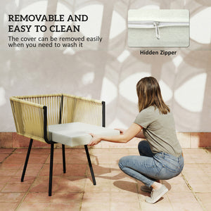 5 Piece Rattan Garden Furniture Set, Garden Dining Set with Wood-Plastic Table and 4 Stackable Chairs, Rattan Table and Chairs with 4 Cushions for Patio, Terrace, Beige