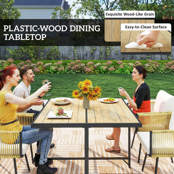 5 Piece Rattan Garden Furniture Set, Garden Dining Set with Wood-Plastic Table and 4 Stackable Chairs, Rattan Table and Chairs with 4 Cushions for Patio, Terrace, Beige