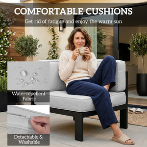 5-Piece Garden Corner Sofa Set with Cushions, 6 Seater Aluminium Garden Furniture Set with Glass Top Coffee Table, Patio Sectional Conservatory Furniture for Patio & Terrace, Light Grey