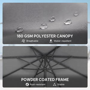 2.7 m Garden Parasol Umbrella with Cross Base and Sandbag, Retractable Ribs, Outdoor Table Market Patio Umbrella Sun Shade with 30 Degree Tilt and Crank, Vent, Light Grey