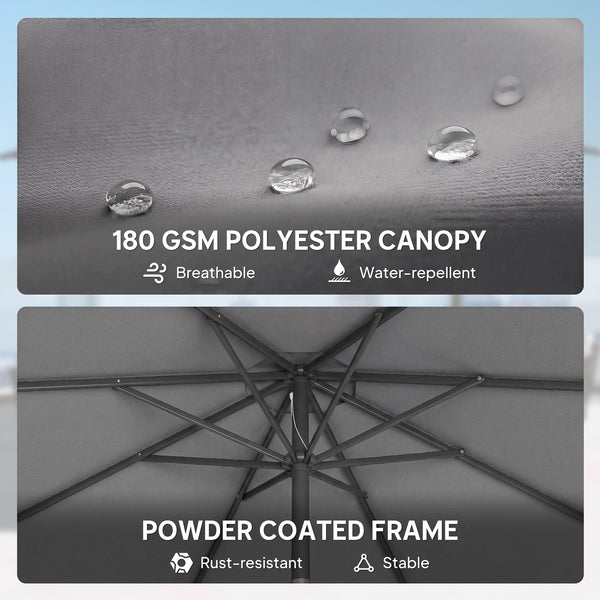 2.7 m Garden Parasol Umbrella with Cross Base and Sandbag, Retractable Ribs, Outdoor Table Market Patio Umbrella Sun Shade with 30 Degree Tilt and Crank, Vent, Light Grey
