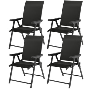 Set of 4 Folding Chair, Garden Chair Set with Breathable Mesh Back and Seat, Outdoor Camping Chairs with Armrests, Steel Frame for Deck Balcony, Black
