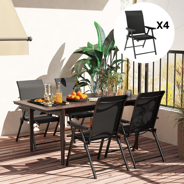Set of 4 Folding Chair, Garden Chair Set with Breathable Mesh Back and Seat, Outdoor Camping Chairs with Armrests, Steel Frame for Deck Balcony, Black