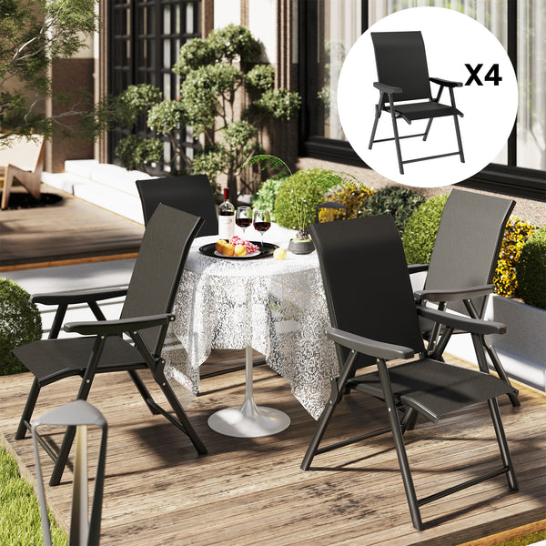 Set of 4 Folding Chair, Garden Chair Set with Breathable Mesh Back and Seat, Outdoor Camping Chairs with Armrests, Steel Frame for Deck Balcony, Black