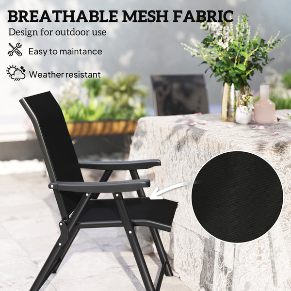 Set of 4 Folding Chair, Garden Chair Set with Breathable Mesh Back and Seat, Outdoor Camping Chairs with Armrests, Steel Frame for Deck Balcony, Black