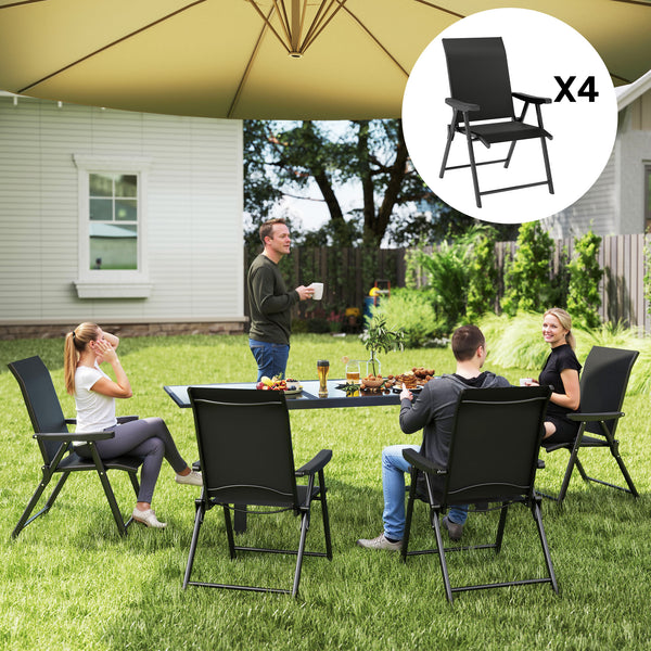 Set of 4 Folding Chair, Garden Chair Set with Breathable Mesh Back and Seat, Outdoor Camping Chairs with Armrests, Steel Frame for Deck Balcony, Black