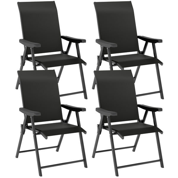 Set of 4 Folding Chair, Garden Chair Set with Breathable Mesh Back and Seat, Outdoor Camping Chairs with Armrests, Steel Frame for Deck Balcony, Black