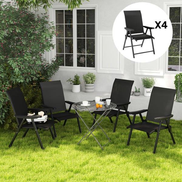 Set of 4 Folding Chair, Garden Chair Set with Breathable Mesh Back and Seat, Outdoor Camping Chairs with Armrests, Steel Frame for Deck Balcony, Black