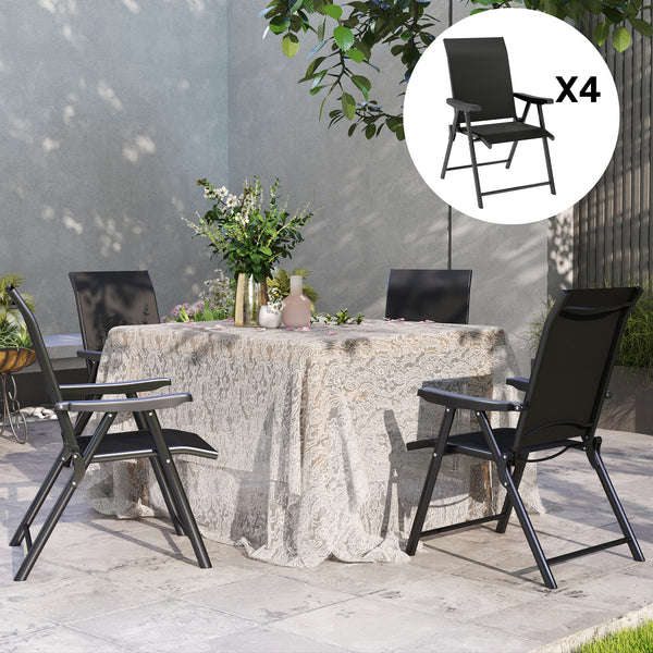 Set of 4 Folding Chair, Garden Chair Set with Breathable Mesh Back and Seat, Outdoor Camping Chairs with Armrests, Steel Frame for Deck Balcony, Black