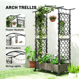 Raised Garden Bed with Arch Trellis, Raised Bed for Garden on Wheels with Side Trellis, Self Watering Outdoor Planter Box with Drainage Holes, Drain Plugs for Climbing Plants, Flowers, Herbs